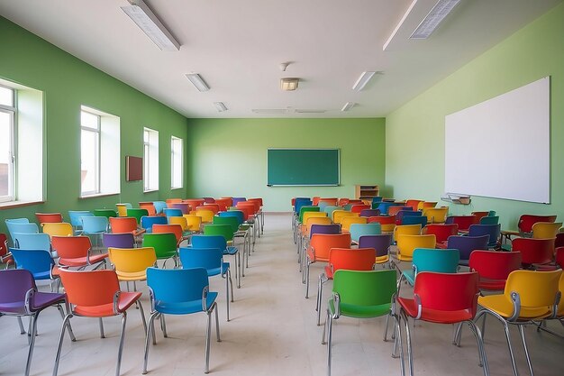 Foto aula vacía con muchas sillas de colores vacías