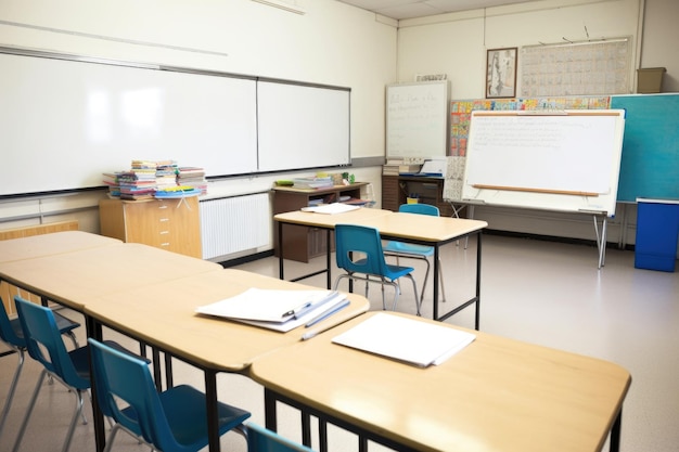 Foto aula vacía con pizarra y marcadores listos para el plan de lección creado con ia generativa