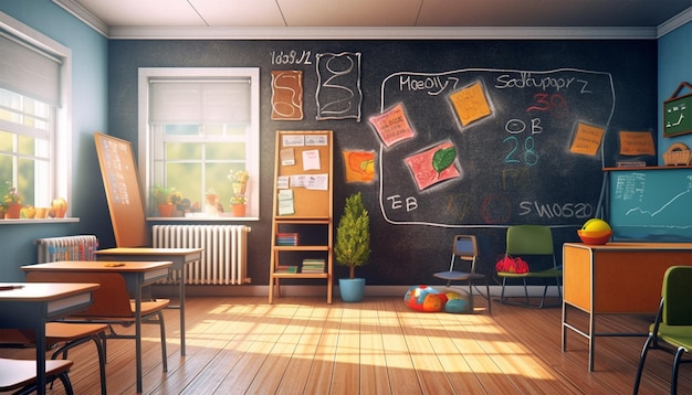 Aula vacía con plantilla de accesorios escolares