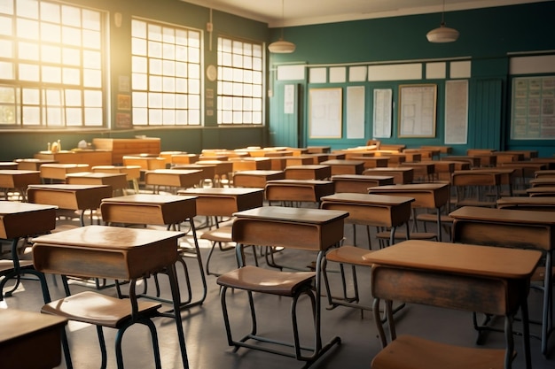 Aula vacía con sillas de madera Ai generativa