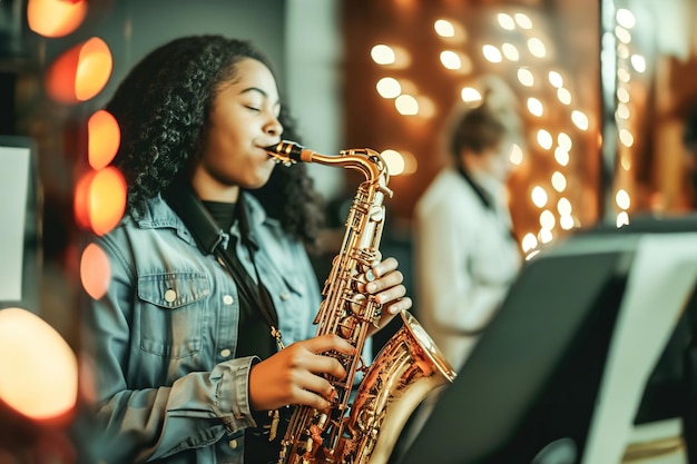 Aulas de saxofone Um saxofonista transmite controle de tom e respiração a um aluno que pratica notas em