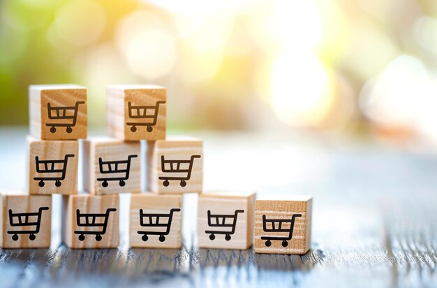 Aumentar el crecimiento del negocio volteando el cubo con icono gráfico y símbolo de carrito de compras