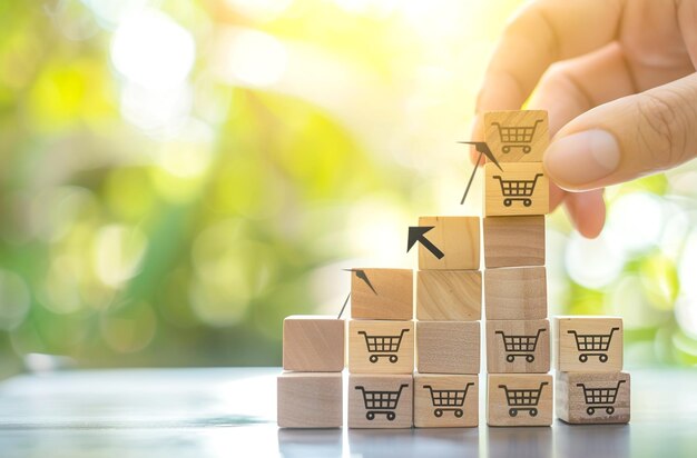 Aumentar el crecimiento del negocio volteando el cubo con icono gráfico y símbolo de carrito de compras