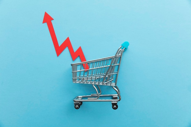 Aumento del costo de las compras Carro de compras con flecha roja de inflación