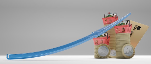 El aumento de los costos de los alimentos y los precios de los comestibles El aumento de los costos de los comestibles de los supermercados como un concepto de crisis financiera inflacionaria afectado por una representación 3D de la flecha del gráfico financiero