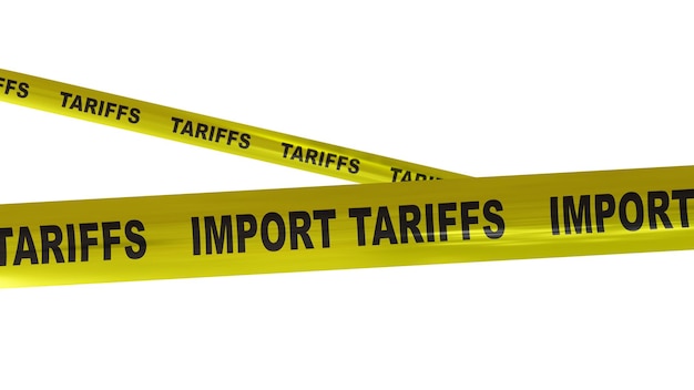Aumento das tarifas de importação Conceito de guerra comercial Texto de tarifas fita amarela isolada em branco