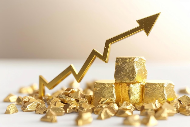 Aumento do preço do ouro Investimento em ouro ou conceito de crescimento do preço do oro Gráfico de flecha de aumento do custo do ouro