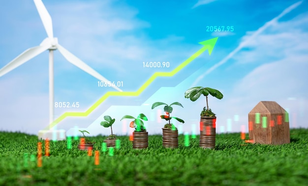 El aumento de la moneda o el dinero con inversiones empresariales ESG en energías renovables alternativas con potencial de crecimiento sostenible conduce a un rendimiento financiero rentable y una dependencia futura neta cero.