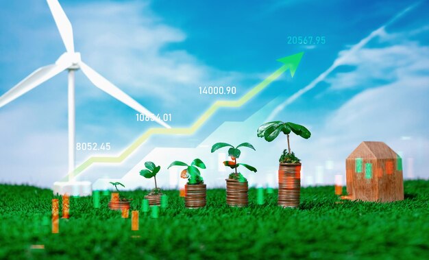 El aumento de la moneda o el dinero con inversiones empresariales ESG en energías renovables alternativas con potencial de crecimiento sostenible conduce a un rendimiento financiero rentable y una dependencia futura neta cero.