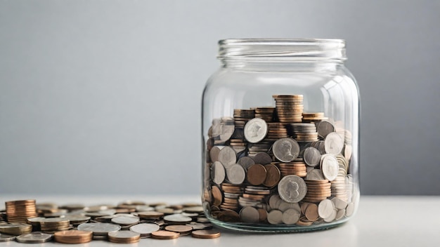 Foto aumento de monedas en un frasco de vidrio con fondo blanco concepto de ahorro de dinero crecimiento ingreso