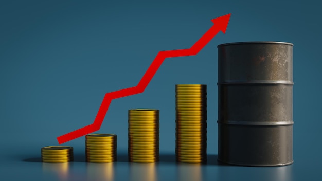 Aumento del precio del petróleo y barriles de petróleo y gráfico3d