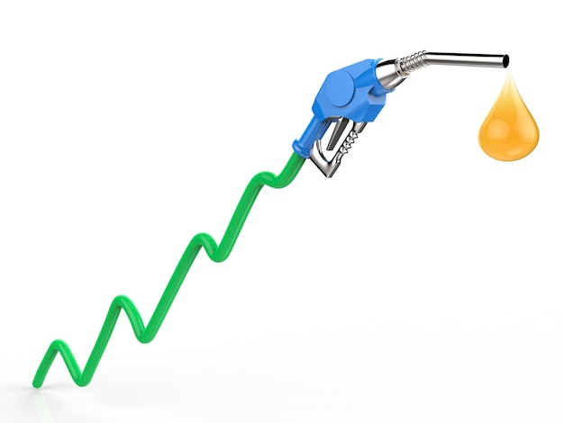 Aumento del precio del petróleo con gráfico verde de representación 3D, boquilla de gas y gota de aceite