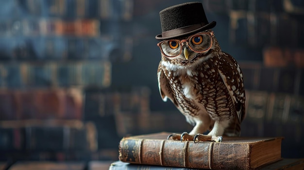 un aura intelectual rodea a un búho sabio que usa gafas y un sombrero de bolos contra un libro vintage