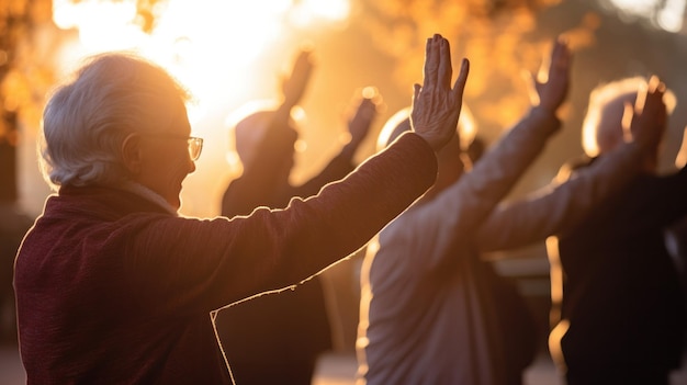 En el aura pacífica de la mañana un grupo de personas mayores practica Tai Chi al unísono reflejando un comienzo armonioso de su día