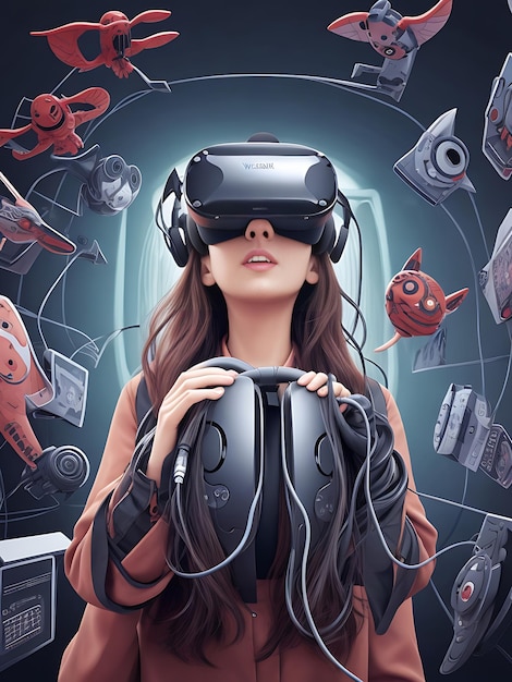 El auricular de realidad virtual de la chica rosa es una experiencia de realidad virtual inmersiva.