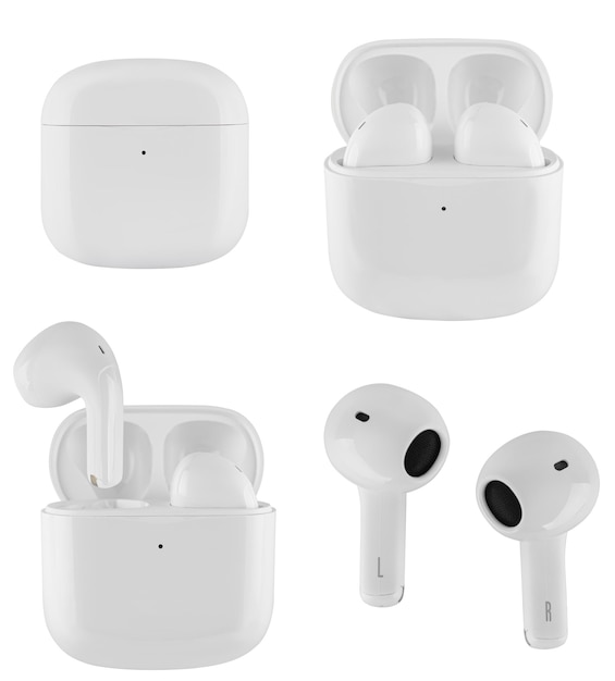 Auriculares acústicos inalámbricos accesorio de teléfono sobre un fondo blanco