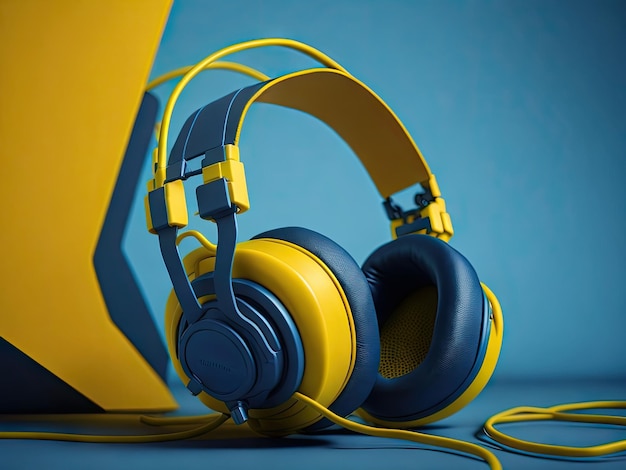 Auriculares amarillos sobre fondo azul ai generativo