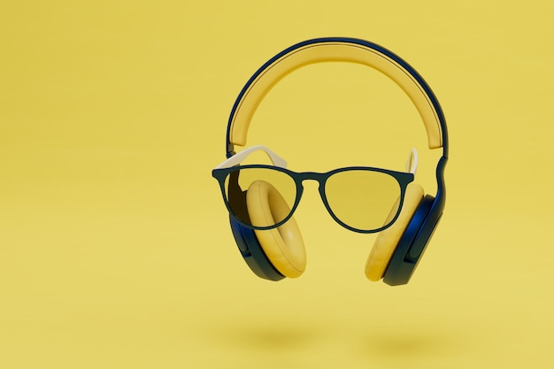 Auriculares y anteojos sobre un fondo amarillo copiar pegar copiar espacio 3D render