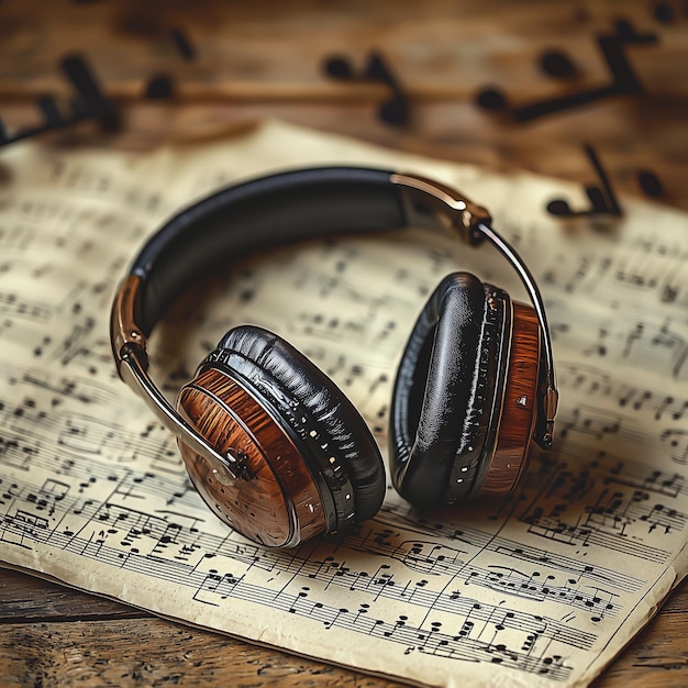 Auriculares antiguos apoyados en partituras con un fondo de madera cálido