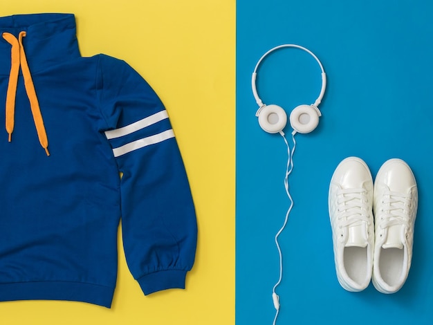 Auriculares blancos, zapatillas blancas y una chaqueta deportiva azul sobre un fondo amarillo y azul. Accesorios de estilo de vida deportivo.