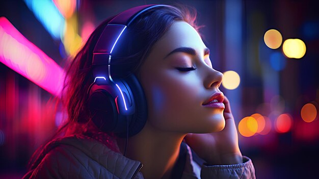 Foto auriculares en la cabeza de la mujer escuchando música de estilo cyberpunk auriculares de fondo fondo musical