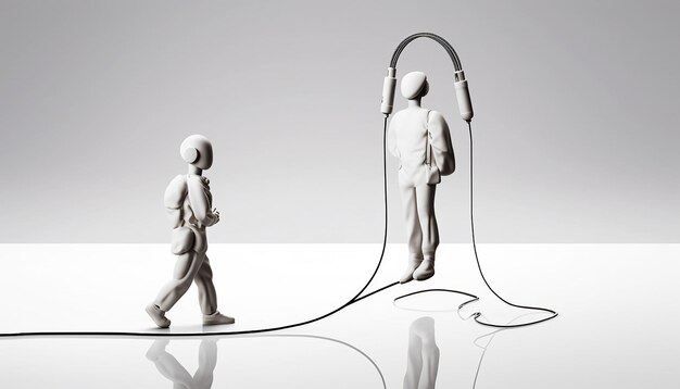 Auriculares de cable en blanco con una figura de palo caminando por el mundo