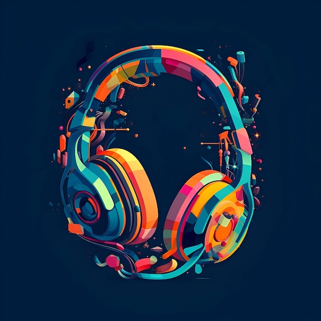 Auriculares coloridos en fondo oscuro Concepto musical Ilustración vectorial