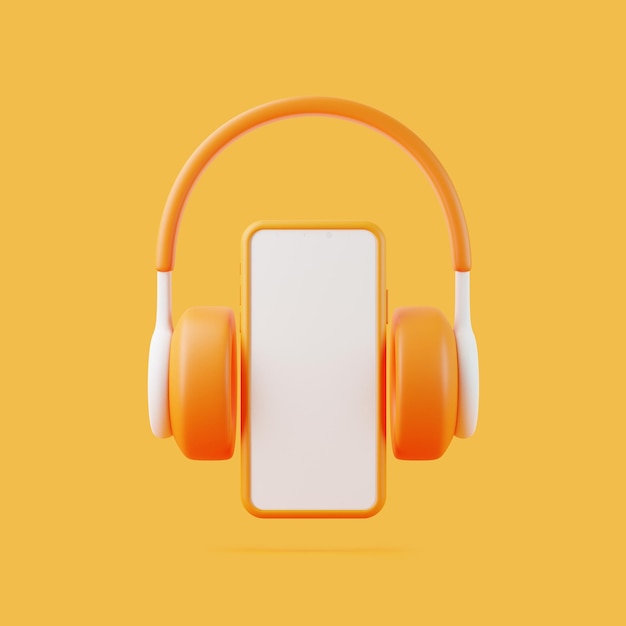 Auriculares de dibujos animados y teléfonos inteligentes volando sobre fondo naranja Concepto creativo mínimo 3D render