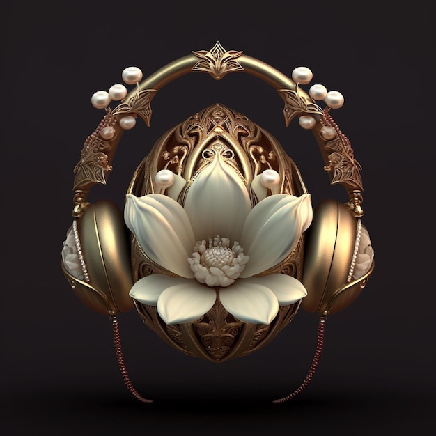 Unos auriculares dorados con una flor.