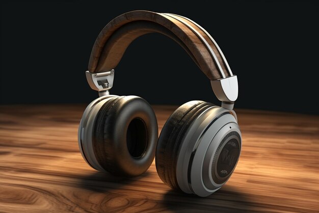 Auriculares con estilo en la mesa de madera Concepto de música Representación 3D