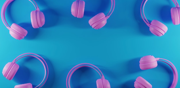 Auriculares con fondo azul pastel. Representación 3d