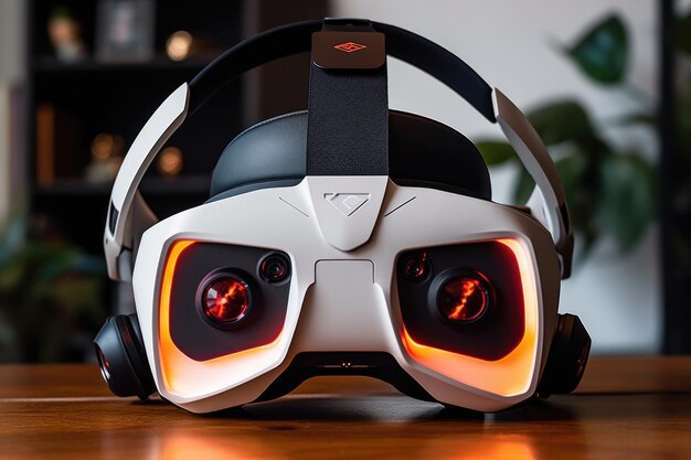 Auriculares futuristas para juegos de realidad virtual sobre una mesa creada con IA generativa