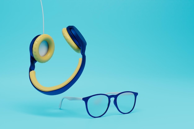 Auriculares y gafas invertidos en un render 3D de fondo azul