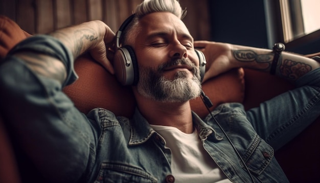 Auriculares de un hombre con los ojos cerrados disfrutando de actividades de ocio en interiores generadas por IA