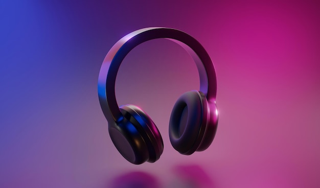 Foto auriculares inalámbricos flotando en un fondo de neón aislado concepto de icono 3d auriculares dispositivo