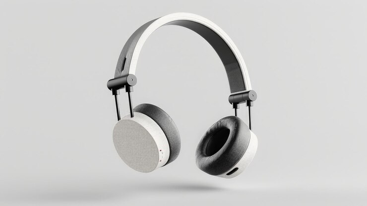Auriculares inalámbricos grises futuristas en movimiento flotante con estética de diseño industrial minimalista