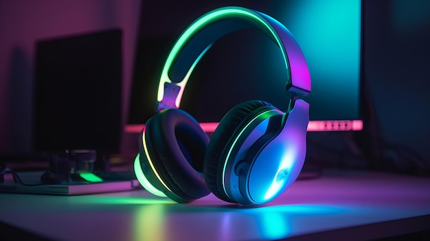 Auriculares inalámbricos modernos en un escritorio de computadora