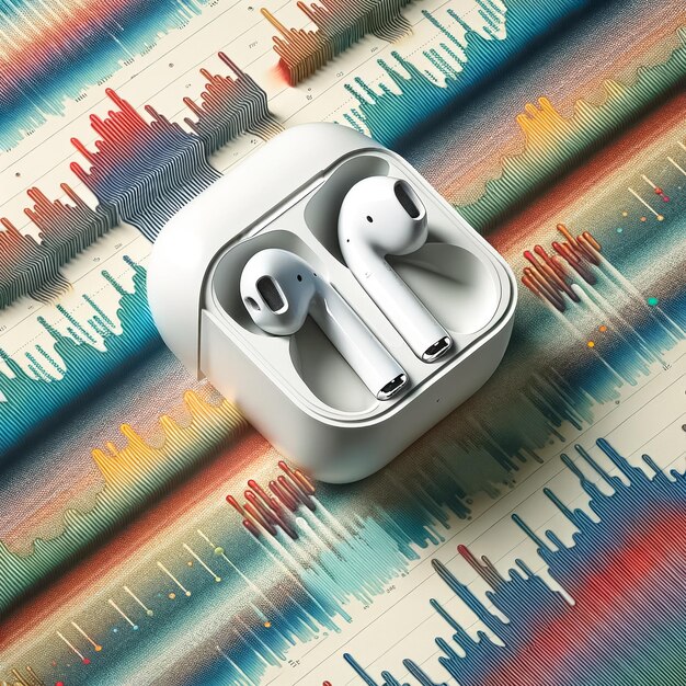 Auriculares inalámbricos en un paisaje de ondas sonoras digitales multicolores