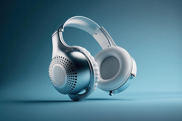 Auriculares inalámbricos plateados y blancos flotando en el aire contra un degradado azul