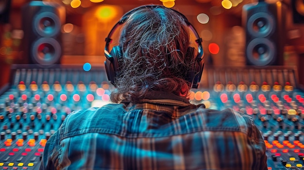 Foto auriculares con un ingeniero de sonido en un estudio para grabar