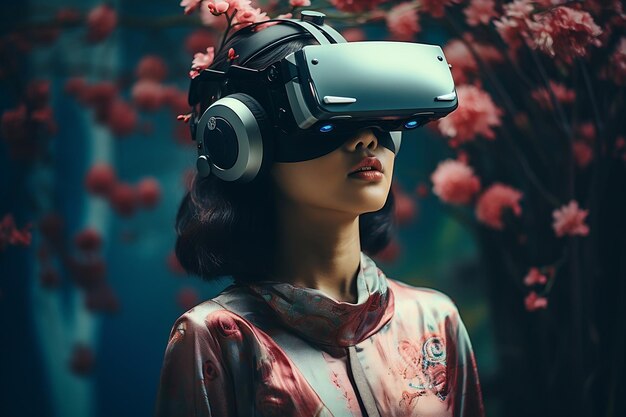 Auriculares de interacción de realidad virtual de Asian Beautiful young female