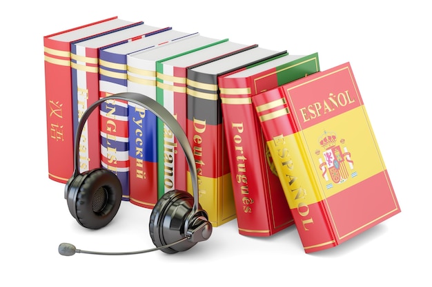 Auriculares y libros de idiomas para aprender y traducir conceptos de renderización 3D
