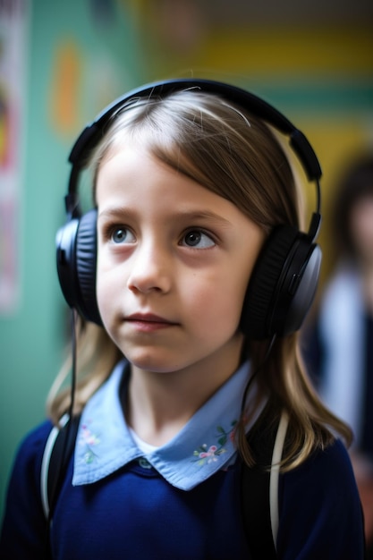 Auriculares maestro y retrato de niña en el aula para el conocimiento de la educación o el aprendizaje de sonido