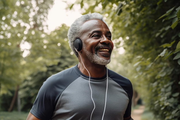 Auriculares de música corriendo y hombre negro en la naturaleza para salud, bienestar y fitness Radio y sonrisa