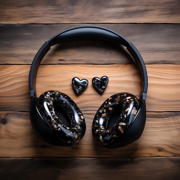 auriculares negros con corazones de piedra sobre un fondo de madera