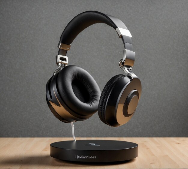 Foto auriculares negros en un soporte sobre un fondo gris renderización 3d