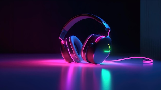 Auriculares de neón futurista sobre fondo oscuro