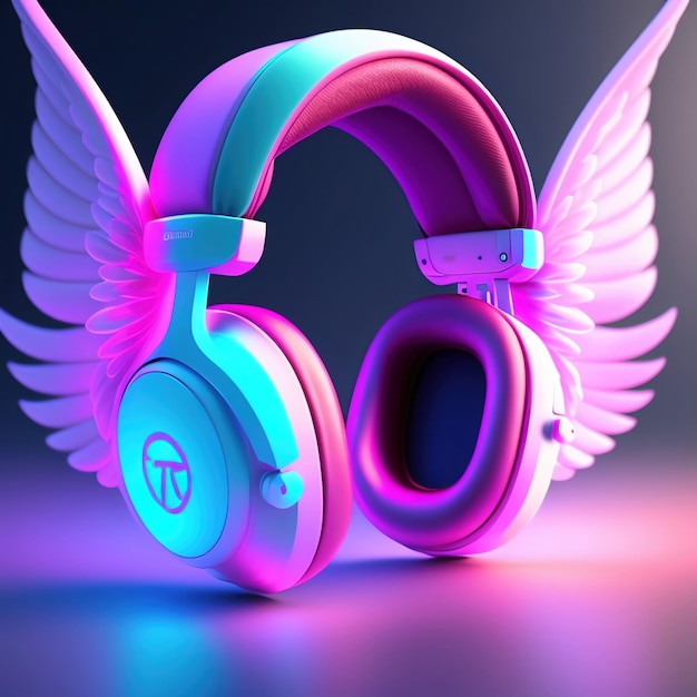 Auriculares de neón rosa y azul generativos con alas