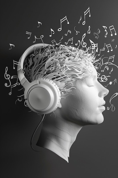 unos auriculares con notas de música y una banda para la cabeza sobre un fondo negro