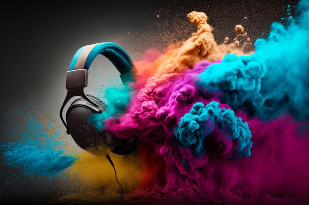 Auriculares y polvo de colores sobre fondo negro IA generativa